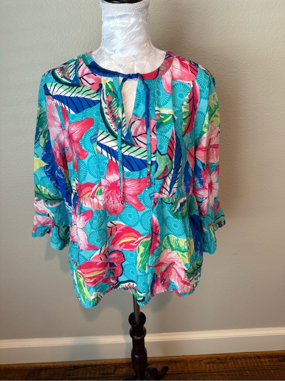 Ali Miles Floral Tie-Neck Blouse in Turquoise & Pink